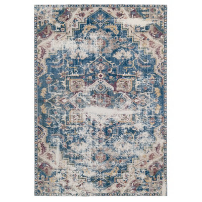 Washable Non-Slip Navy Distressed Living Area Rug 120cm x 170cm