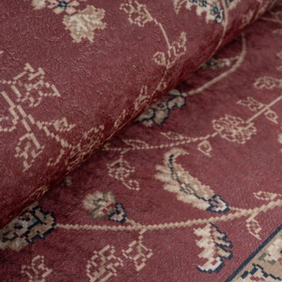 Washable Non-Slip Red Floral Fireside Rug 80cm x 150cm