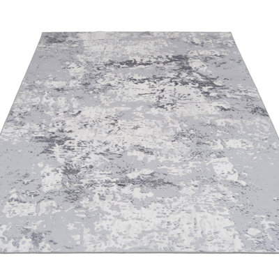 Washable Non-Slip Silver Grey Marble Area Rug 120cm x 170cm