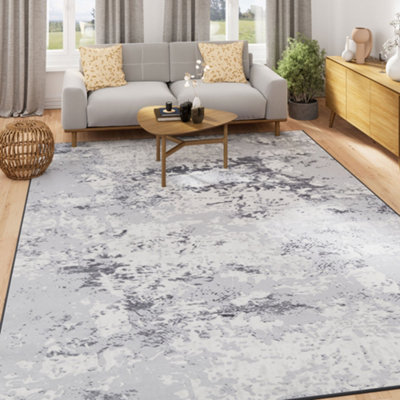 Washable Non-Slip Silver Grey Marble Area Rug 120cm x 170cm