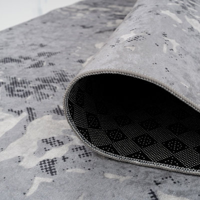 Washable Non-Slip Silver Grey Marble Area Rug 120cm x 170cm