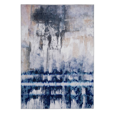 Washable Regular Blue Grey Abstract Living Area Rug 160cm x 230cm