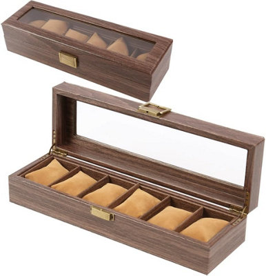 Watch Box Case with Glass Lid, 6 Slots and Removable Pillows Durable ...