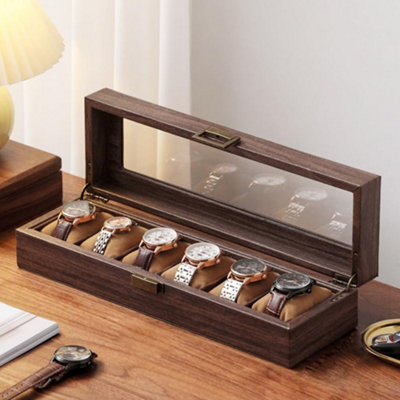 Watch Box Case with Glass Lid, 6 Slots and Removable Pillows Durable ...