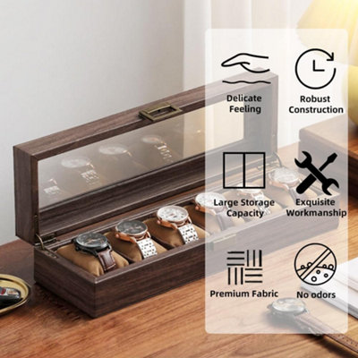 Watch Box Case with Glass Lid, 6 Slots and Removable Pillows Durable ...