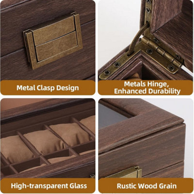 Watch Box Case with Glass Lid, 6 Slots and Removable Pillows Durable ...
