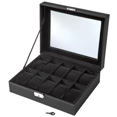 Watch Box - holds 10 watches, lockable, viewing window, faux leather cover and soft interior lining, 25.5 x 21 x 8 cm - black