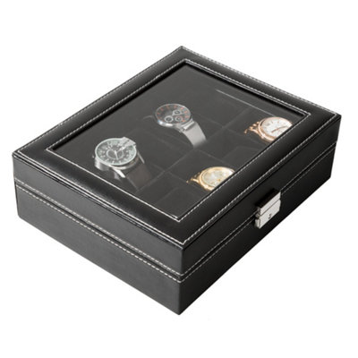 Watch Box - holds 10 watches, lockable, viewing window, faux leather ...