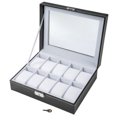 Watch Box - holds 10 watches, lockable, viewing window, faux leather cover and soft interior lining, 25.5 x 21 x 8 cm - white