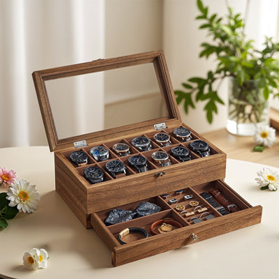 Watch Box with 12 Slots, 2-Tier Wood Watch Case with Large Glass Lid ...