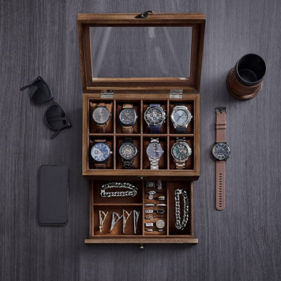 Watch Box with 8 Slots 2 Tier Wood Watch Case with Large Glass Lid Watch Pillows