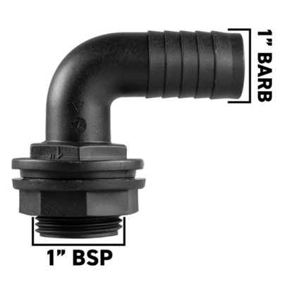 Water butt/rain barrel/water storage tank overflow hosetail elbow with nut & washer (1" bsp - 1" barb) requires a 33mm hole - 3