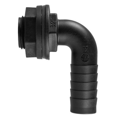 Water butt/rain barrel/water storage tank overflow hosetail elbow with nut & washer (3/4" bsp - 3/4" barb) requires a 26mm hole - 3