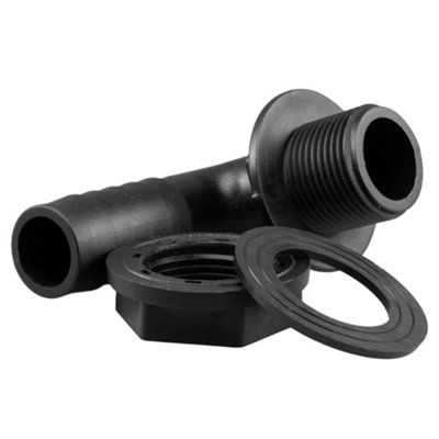 Water butt/rain barrel/water storage tank overflow hosetail elbow with nut & washer (3/4" bsp - 3/4" barb) requires a 26mm hole - 5