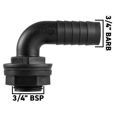 Water butt/rain barrel/water storage tank overflow hosetail elbow with nut & washer (3/4" bsp - 3/4" barb) requires a 26mm hole - 7