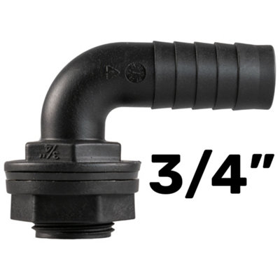 Water butt/rain barrel/water storage tank overflow hosetail elbow with nut & washer (3/4" bsp - 3/4" barb) requires a 26mm hole - 8