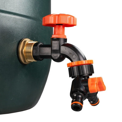 Water Butt Replacement Tap BRASS Metal Lever UK Bib Outlet Barb Quick Hosepipes Black tap + valved splitter  1" - 3