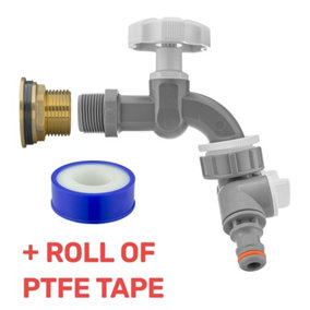 Water Butt Replacement Tap BRASS Metal Lever UK Bib Outlet Barb Quick Hosepipes Grey tap + valved splitter  1"