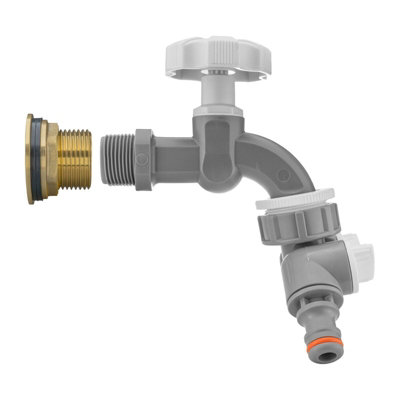 Water Butt Replacement Tap BRASS Metal Lever UK Bib Outlet Barb Quick Hosepipes Grey tap + valved splitter  1" - 4