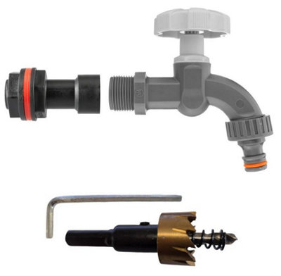 Water Butt Replacement Tap Extension Kit + Drill bit Lever Bib Outlet Barb Quick 3/4" Plastic Dial Tap (Grey)