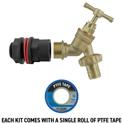 water butt/water storage tank outlet adaptor+brass bib tap +ptfe tape(requires a 21mm hole) - 5