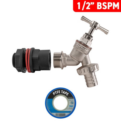 water butt/water storage tank outlet addaptor+bib tap+thread seal tape