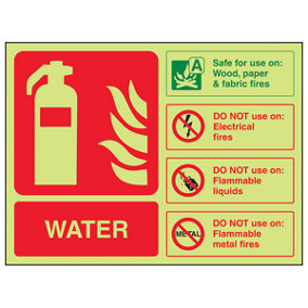 WATER Fire Extinguisher Safety Sign - Glow in Dark - 200x150mm (x3)