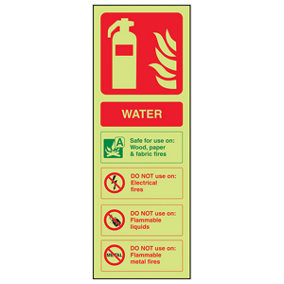 WATER Fire Extinguisher Safety Sign - Glow in the Dark - 100x280mm (x3)