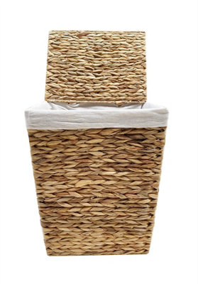 Water Hyacinth Rectangle Laundry Basket Lidded With Cotton Lining Toy Storage Large 45 x 36 x 55 cm