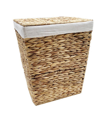 Water Hyacinth Rectangle Laundry Basket Lidded With Cotton Lining Toy Storage Medium 37 x 28 x 48 cm