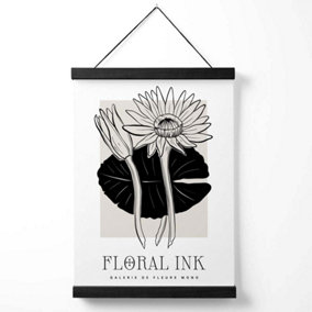 Water Lillies in Black and Beige Floral Ink Sketch Medium Poster with Black Hanger