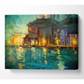 Water Reflections Town Lights Canvas Print Wall Art - Medium 20 x 32 Inches