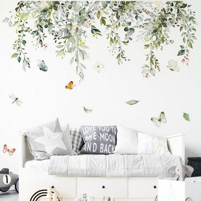 Watercolor green leaf wall stickers, large plant wall stickers, flower ...