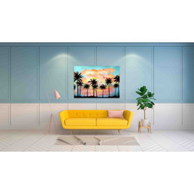 Watercolor tropical landscape with palms, ocean, orange clouds at the sunset (Canvas Prints) / 20cm x 15cm