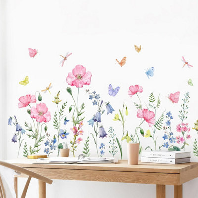 Watercolor Wildflower Wall Stickers Colorful Garden Flower Grass ...