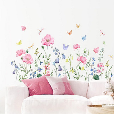 Blue Flowers Wall Stickers - Peel & Stick Floral Decals With Butterflies For Bedroom, Living Room