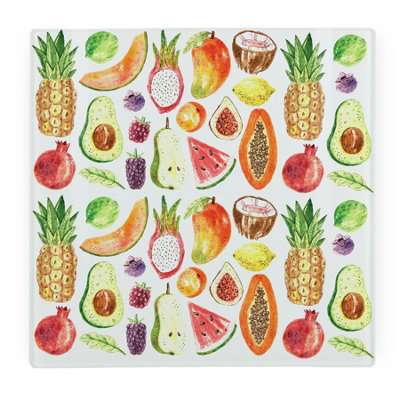 Watercolour Fruits Square Glass Worktop Protector - Smooth Board Kitchen Chopping Board with Non-Slip Feet