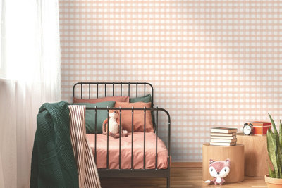 Watercolour Gingham Soft Coral Children's Wallpaper