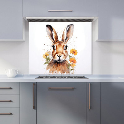 Watercolour Hare and Daisies Premium Glass Kitchen Splashback W700mm x H650mm