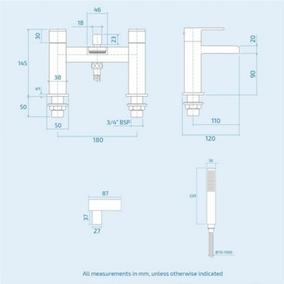 Waterfall Bath Shower Mixer Tap & Shower Slider Rail Kit Matte Black - 3