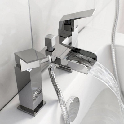 Waterfall Bath Shower Mixer Tap With Chrome Square 3 Way Rigid Riser ...