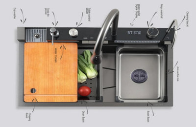 Waterfall Kitchen Sink Black with Piano 5 Buttons LED Digital Display ...
