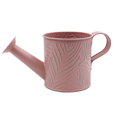 Watering Can Metal 0.65L Pastel Pink Planter 10cm Long Spout Emboss Leaf Garden