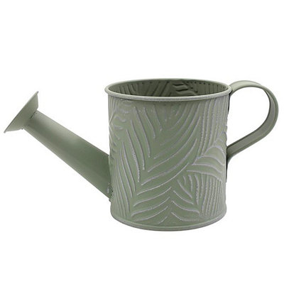 Watering Can Metal 1.1L Pastel Green Planter 11cm Long Spout Emboss Leaf Garden