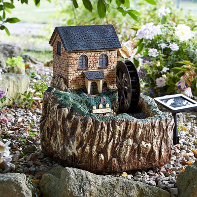 Watermill Solar Powered Water Fountain - Hand Painted Cascading Water Feature with LED Light & Rotating Wheel - H51 x 48.5cm