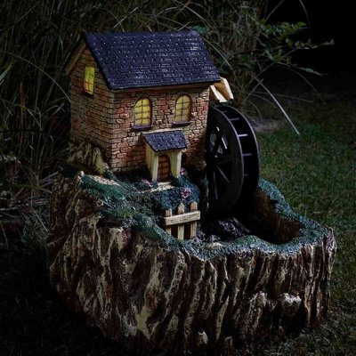 Watermill Solar Powered Water Fountain - Hand Painted Cascading Water Feature with LED Light & Rotating Wheel - H51 x 48.5cm
