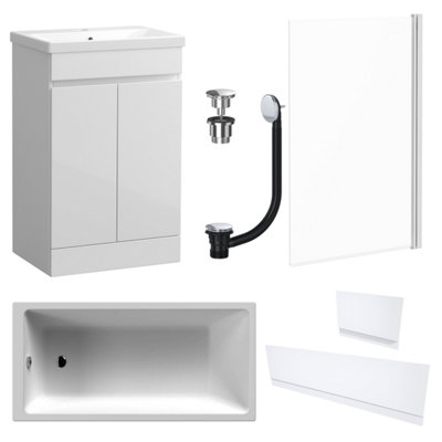 Waterproof 500mm Vanity Unit with Single Ended Bath, Gloss White Panels ...