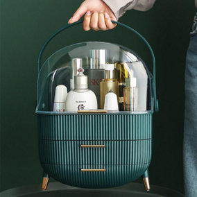 Waterproof Dustproof Freestanding Makeup Storage Organizer Box with Drawers and Handle Green
