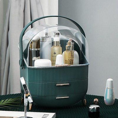Waterproof Dustproof Freestanding Makeup Storage Organizer Box with Drawers and Handle Green