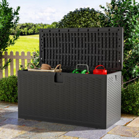 Waterproof Plastic Garden Storage Box Rattan Effect  Large Outdoor Garden Storage Box,Black,375 L